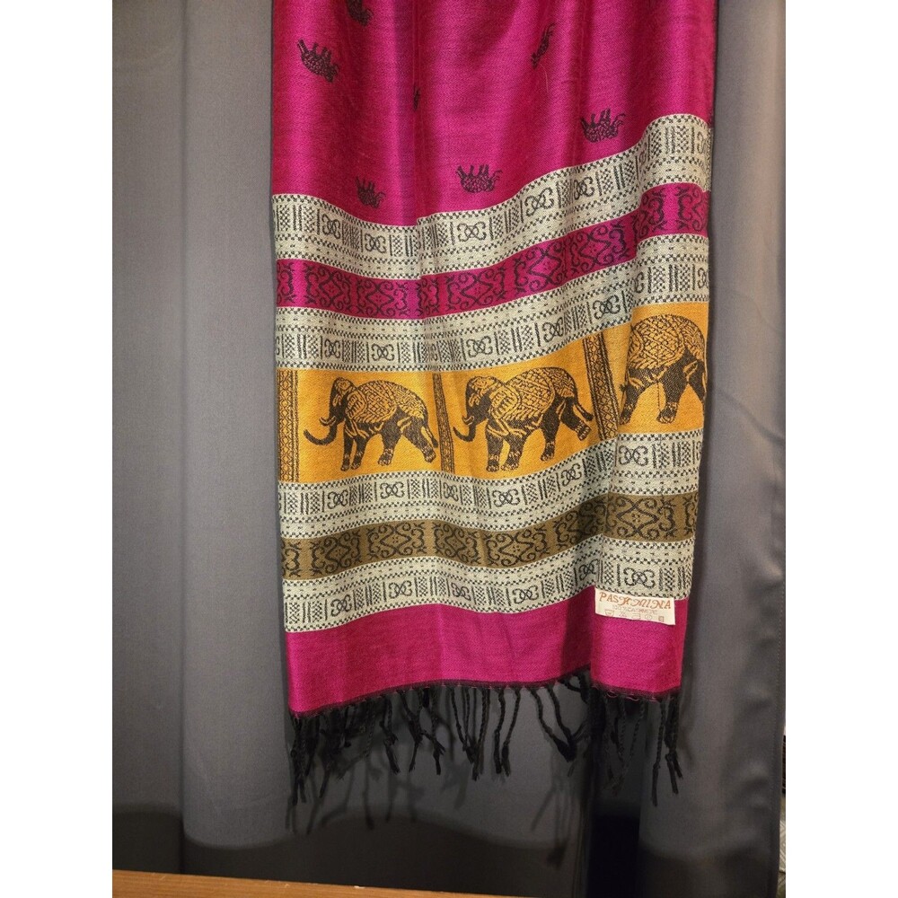 Pashmina Cashmere Shawl Wrap Scarf Pink Gold Black Fringe Elephants - Picture 4 of 6